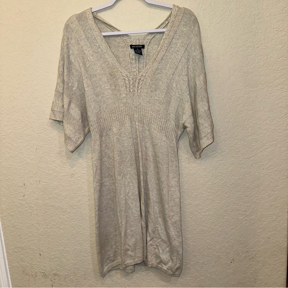 Max Edition Medium Gray Cable Knit Cotton Short Sleeve Casual V-Neck Mini Dress